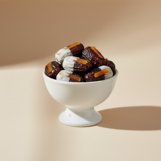 Dates With Half Dipped White Chocolate & Candied Orange Peel