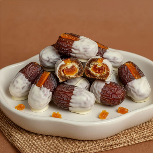 Dates With Half Dipped White Chocolate & Candied Orange Peel