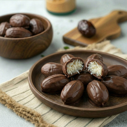 Chocolate Coated Dates with Coconut Stuffing
